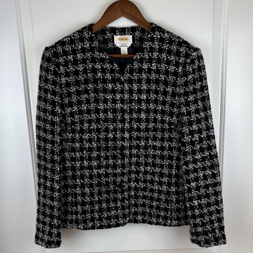 Talbots Petites 12 Italian Fabric Bouclé Jacket Black White Tweed Button Front